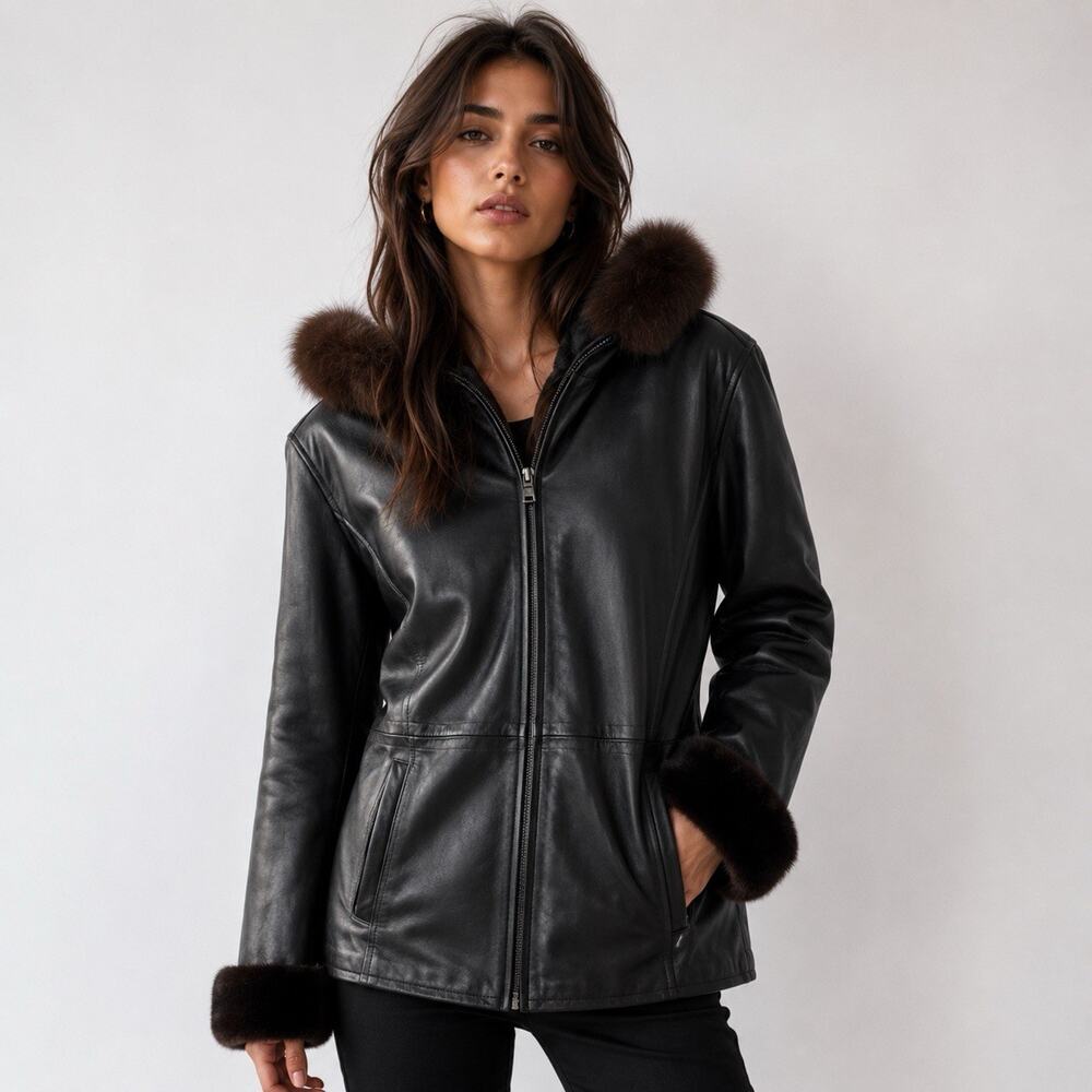 Marc New York Andrew Marc Leather Coat Large Black Fox Fur Hood Faux Fur Lined